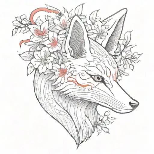 side profile kitsune mask cherry blossoms red spider lily and a Japanese kanji of the fox tattoo design idea