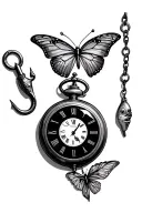 rosary, pocketwatch, fish hook, butterfly tattoo design idea