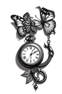 rosary, pocketwatch, fish hook, butterfly tattoo design idea