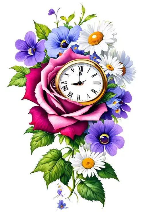 rose and thunderstorm and violets and clock and cat eye and daisies tattoo design idea