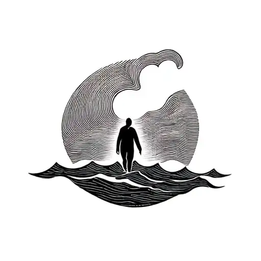 small figure walking across calm waves, abstract flowing lines merging with horizon, symbol of trust and courage, black  tattoo design idea