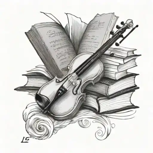 music symbol, books, pen and violin bow transforming tattoo design idea