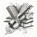 music symbol, books, pen and violin bow transforming tattoo design idea