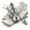 music symbol, books, pen and violin bow transforming tattoo design idea