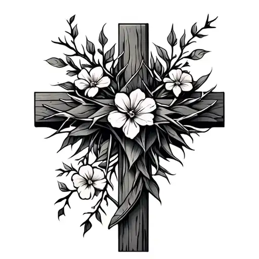 cross with crown of thorns and flowers growing tattoo design idea