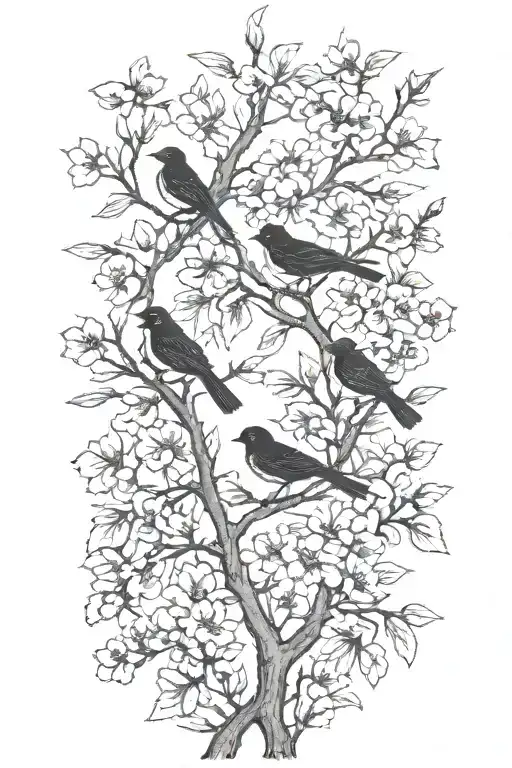 sideways very thin black and white masculine cherry branch tattoo with minimal blossoms  with 4 solid black birds.     tattoo design idea