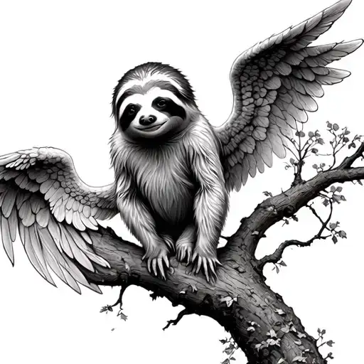 angel sloth looking down at sloth in tree from heaven tattoo design idea