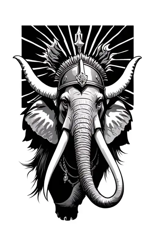 bigger tusks on the elephant, sun rays coming down from the top. a roman warrior wearing a helmet tattoo design idea