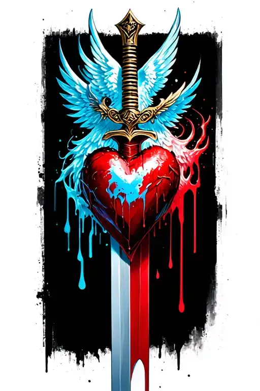 gold wing sword threw an ice blue heart dripping with blood tattoo design idea