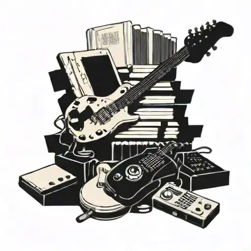 A stack of books with a guitar on top and video game controllers scattered around, all in a black-grey style tattoo design idea