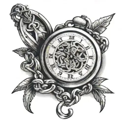 a pocket watch showing 8:30 with a sickle with chains wrapped around it tattoo design idea