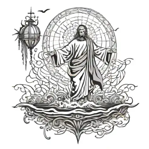 An intricate design of Jesus walking on water, with a spiderweb pattern in the background tattoo design idea