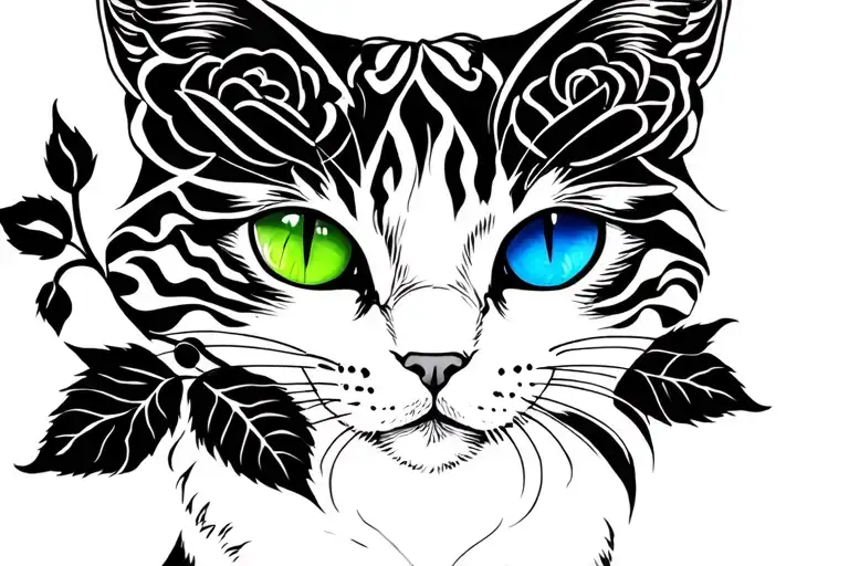 all white cat green eye blue eye black roses tattoo design idea