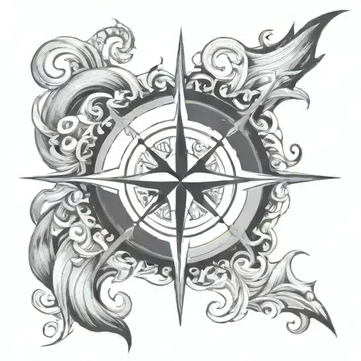 A black-grey design of a compass rose surrounded by swirling waves, symbolizing the client's journey of overcoming challenges and finding their way tattoo design idea