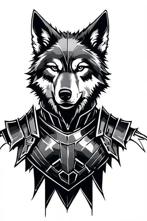 muscular Human Wolf looking straight, wearing a spartan armor. Fine line. Fine line minimalista lines in the background tattoo design idea