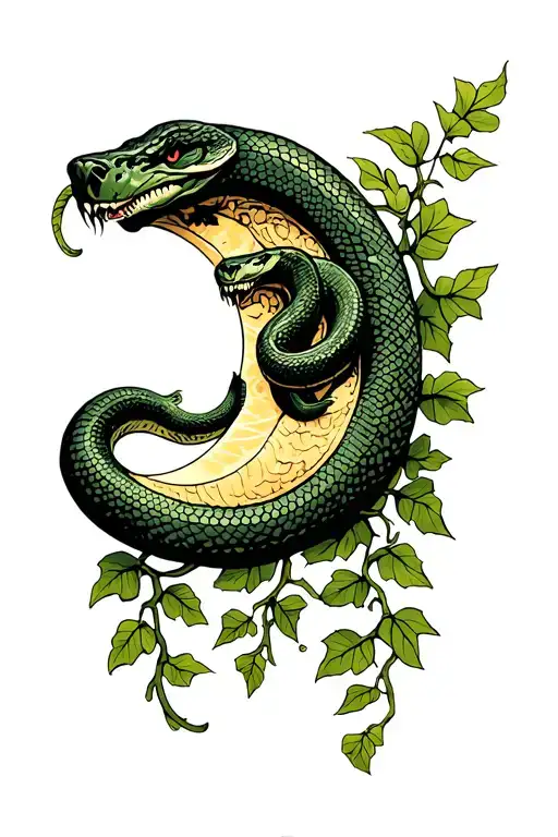 cresent moon with snake and ivy vines tattoo design idea