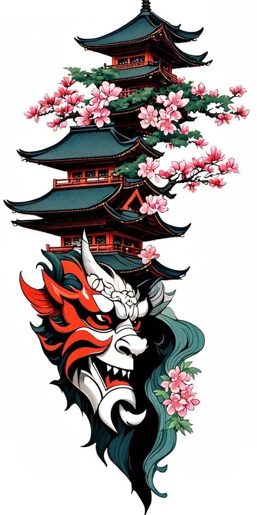 chery blossum tree with a pagoda and a oni mask split in half  tattoo design idea