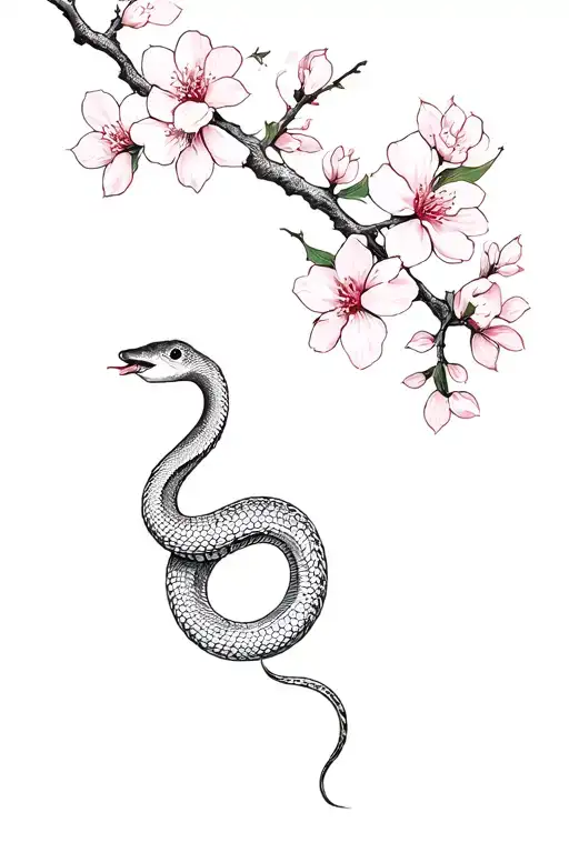 snake wrapped around a cherry blossom branch tattoo design idea