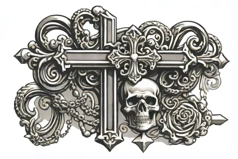chrome hearts cross and rosary tattoo design idea