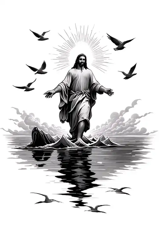 Jesus walking on water with rays of light through clouds and doves in the sky  tattoo design idea