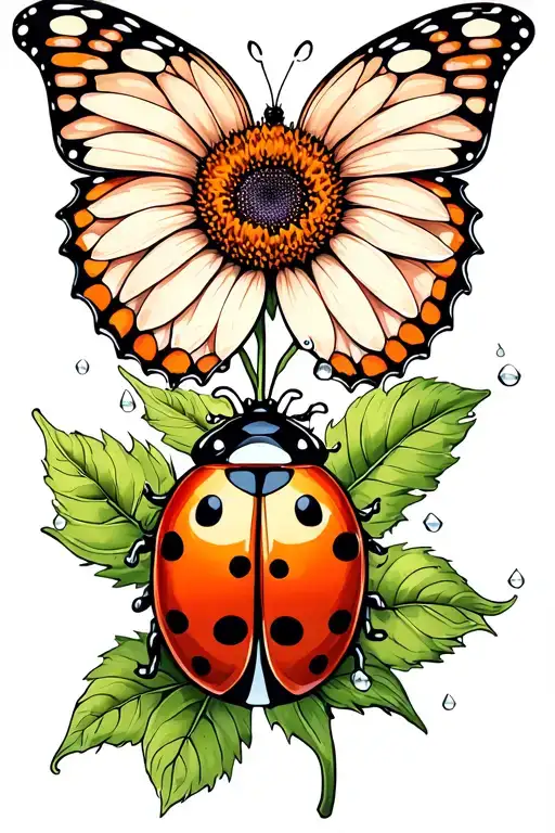 sunflower butterfly lady bug with dew on leaves tattoo design idea