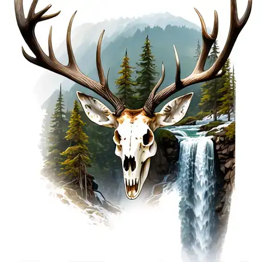 mule deer skull as waterfall and antlers as trees  tattoo design idea