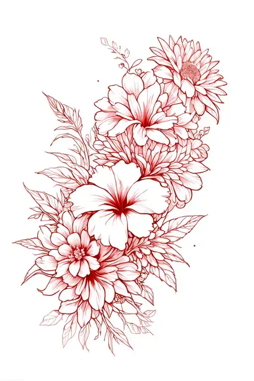 forearm tattoo in all red covered in flowers like a spider lily, Chrysanthemum, Hibiscus, cherokee rose, and  hydrangeas tattoo design idea