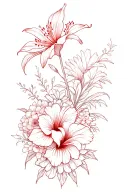 forearm tattoo in all red covered in flowers like a spider lily, Chrysanthemum, Hibiscus, cherokee rose, and  hydrangeas tattoo design idea
