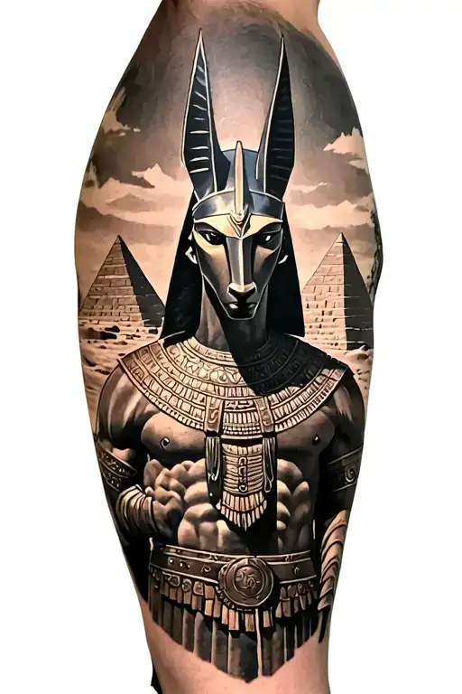 anubis with pyramids and inca warrior tattoo design idea