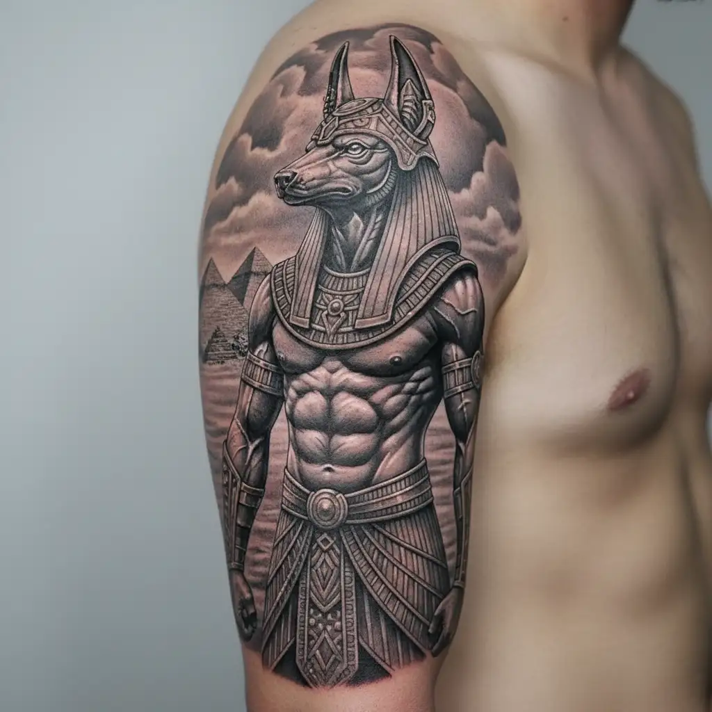 anubis with pyramids and inca warrior tattoo design idea