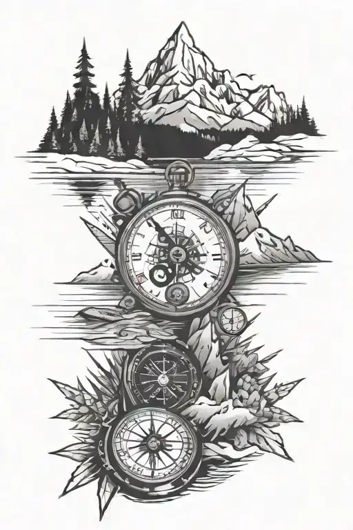 hockey, pond, mountains, compass tattoo design idea