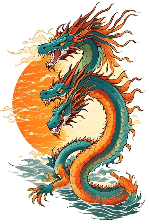 two japanese dragons flying towards a setting sun with water beneath it  tattoo design idea