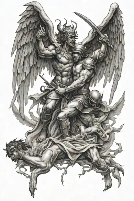 angels and demons fighting for soldiers soul leaving the body tattoo design idea