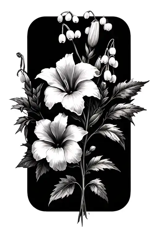 aster, morning glory, lily of the valley, and Hawthorne flowers tattoo design idea