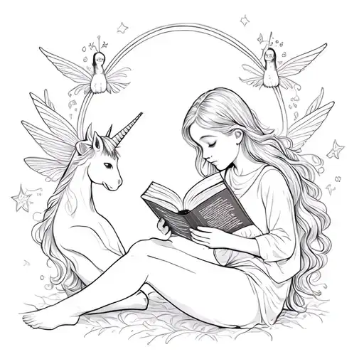 tattoo design of daughter reading magical book with illustrations of magical fairies and unicorns behind her tattoo design idea