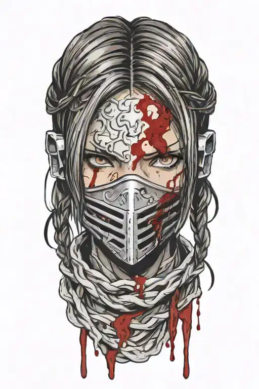Dark Souls with hair with pigtails with blood on face head mask Shoulder portrait tattoo design idea