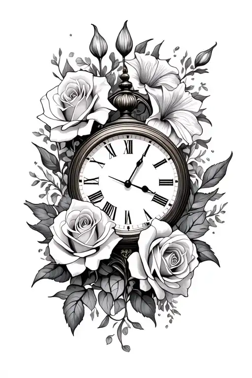 Roses and gladiolus with a clock and under the clock a date tattoo design idea