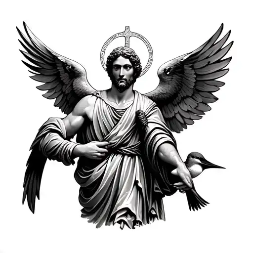 saint Christopher holding a swallow bird with its wings spread tattoo design idea