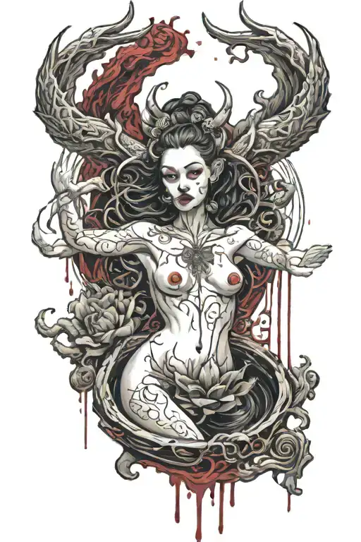  demon girl wading in a pool of blood with the all seeing eye and Lucifer sigil floating behind her medium translucently tattoo design idea