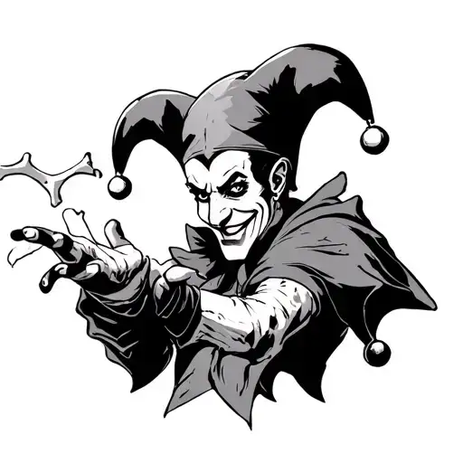 Black and white tattoo sketch anime jester with a narrow face and with an arrogant smile that throws out playing bones from his hand tattoo design idea