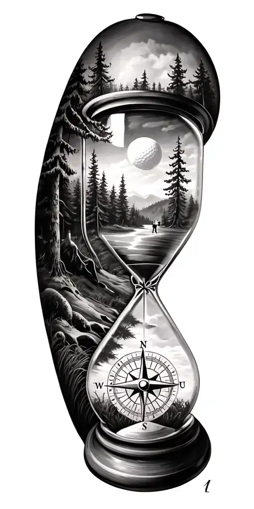 family and forest and hour glass and compass golf course tattoo design idea
