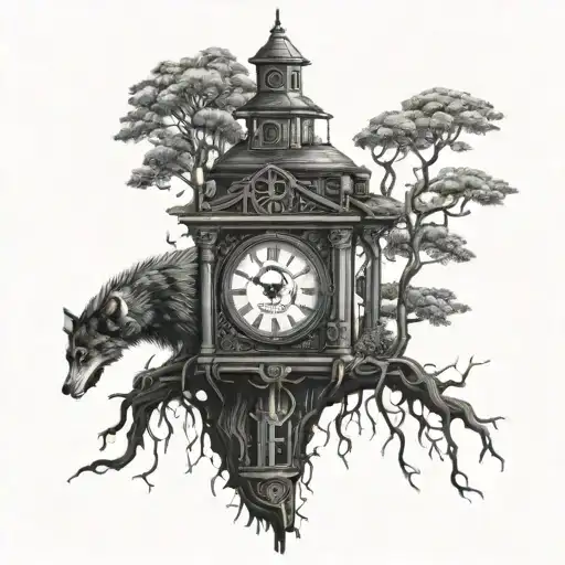 poison tree with roman numeral clock tower with a lone wolf tattoo design idea