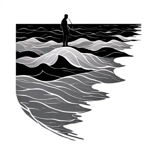 fine line tattoo, lone figure walking on calm ocean waves, abstract flowing lines, infinite horizon, minimalist, timeles tattoo design idea