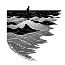 fine line tattoo, lone figure walking on calm ocean waves, abstract flowing lines, infinite horizon, minimalist, timeles tattoo design idea