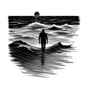 fine line tattoo, lone figure walking on calm ocean waves, abstract flowing lines, infinite horizon, minimalist, timeles tattoo design idea