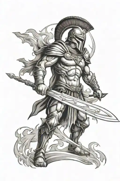 spartan warrior holding a sword with flames tattoo design idea