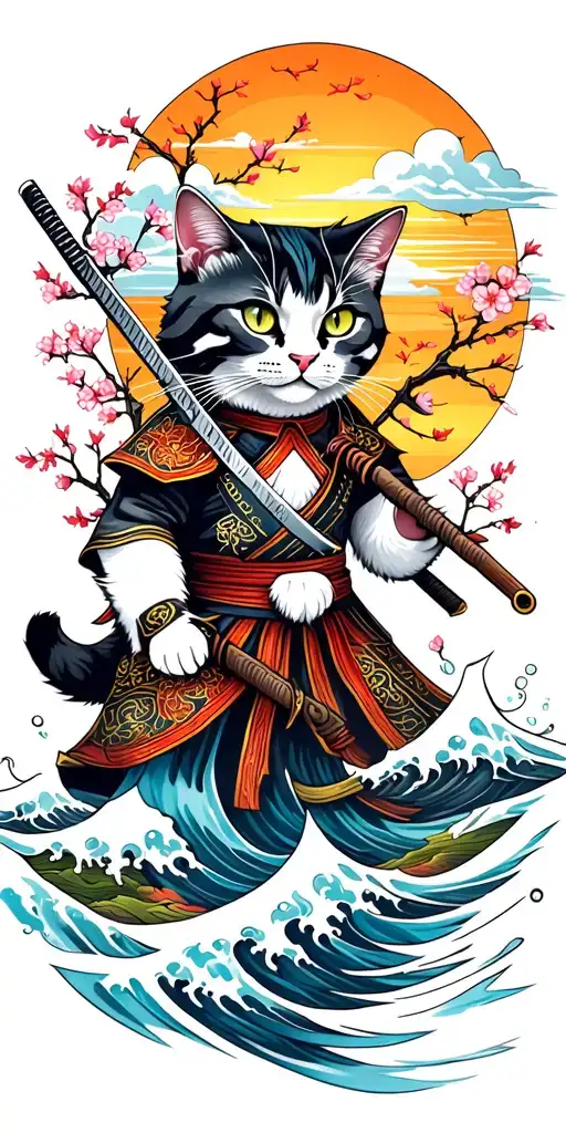 samurai cat with katana, water, wave, whirpool, clouds, branches, leaves, sakura flowers, tree, sunset, splash tattoo design idea