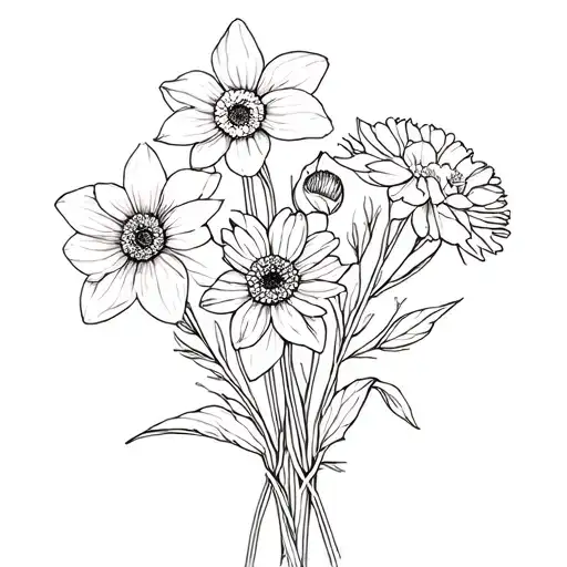 daffodil, poppy, gerbera, carnation bouquet tattoo design idea
