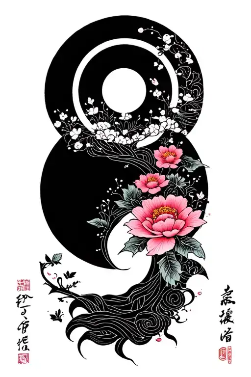 zen circle inside, bright colors, floral design tattoo design idea