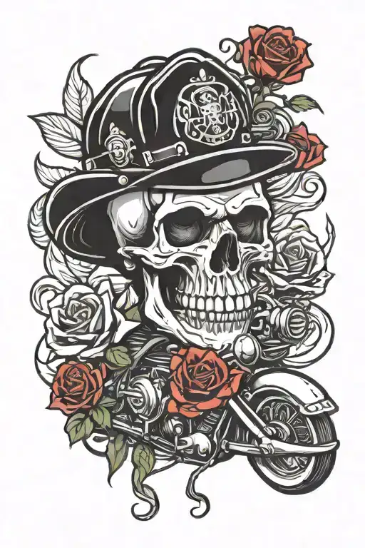 skull wearing fire fighter hat, red roses Harley Davidson motorcycle tattoo design idea
